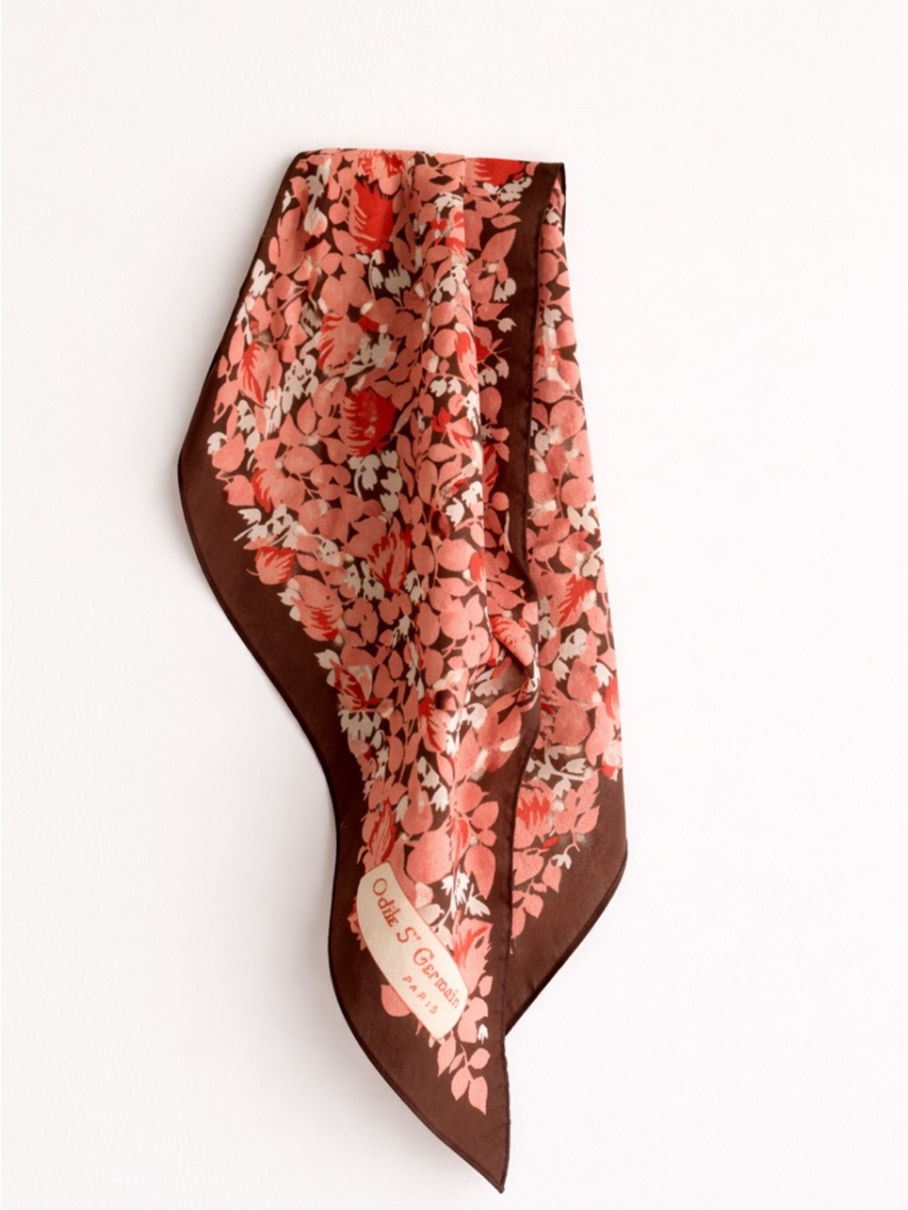 Vintage Odile S Germaine Paris Floral Leaf Scarf in Coral Brown Made in France